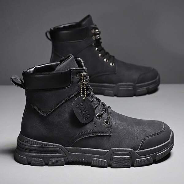 

Men Letter Patch Lace-up Front Ankle Boots, Black