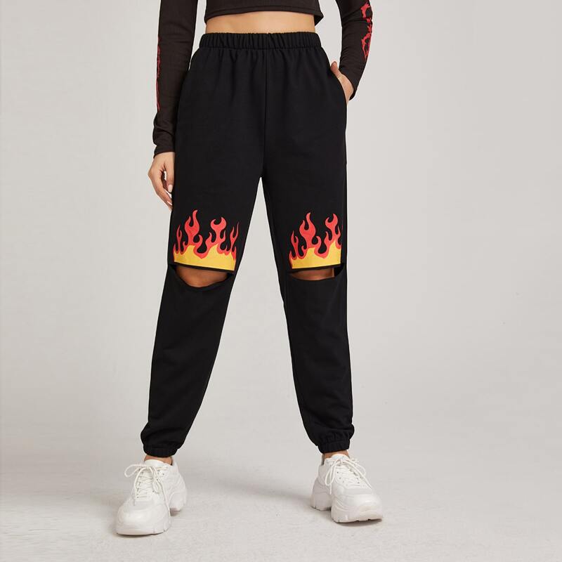 

Fire Pattern Cut Out Sweatpants, Black
