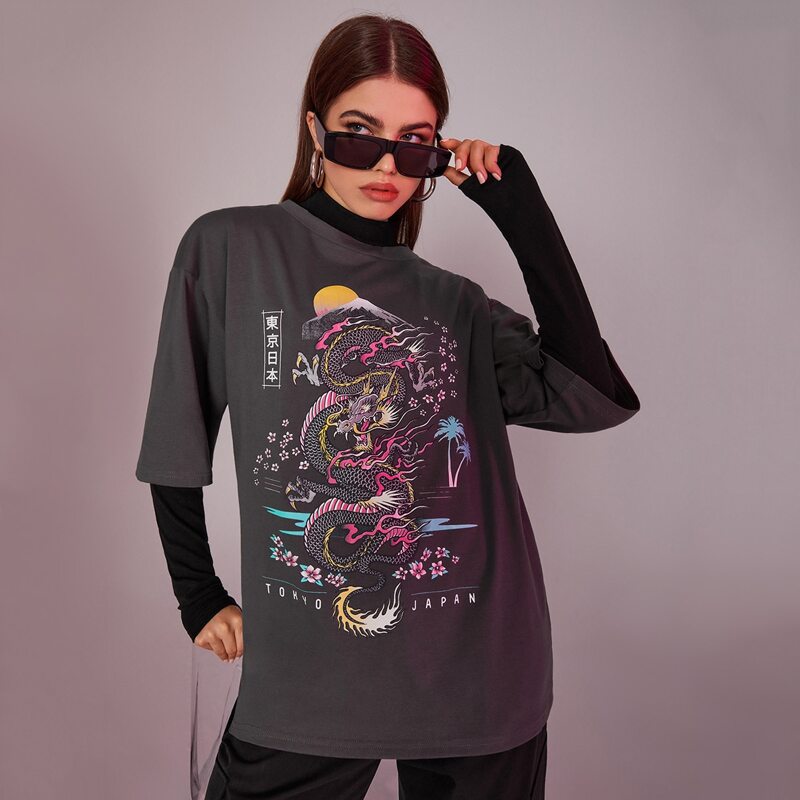 

Chinese Dragon Oversized Tee, Dark grey