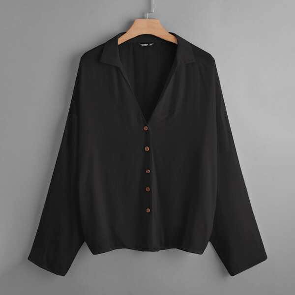 

Plus Button Front Roll Up Sleeve Blouse, Black