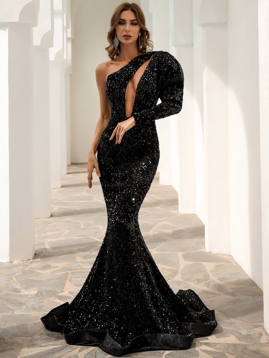 Missord One Shoulder Cut Out Mermaid Hem Sequin Prom Dress - Black - View 1