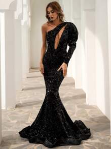 Missord One Shoulder Cut Out Mermaid Hem Sequin Prom Dress - Black - View 5