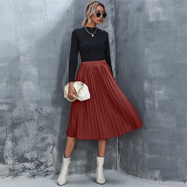 

Solid High Waist Pleated Skirt, Redwood
