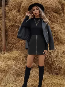 SHEIN LUNE 燈芯絨前拉錬迷你半身裙 - 黑色 - 查看 1