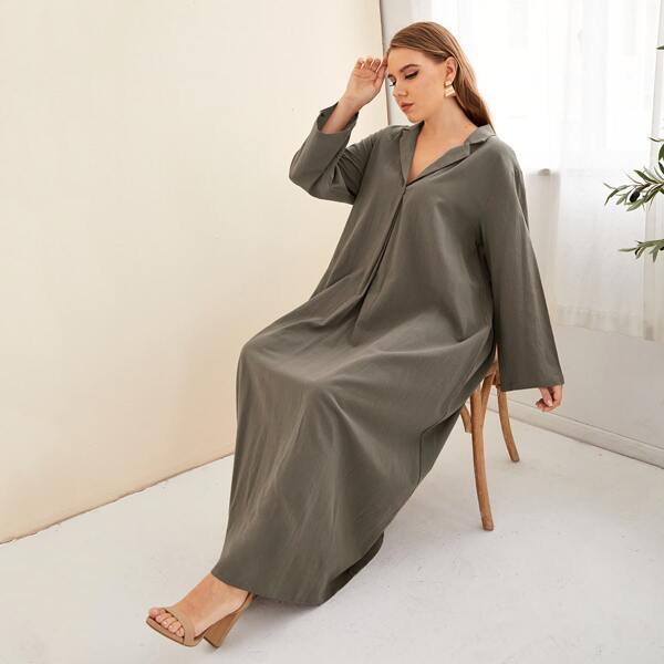 

Plus Lapel Collar Maxi Tunic Dress, Grey