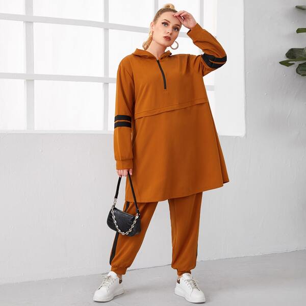 

Plus Striped Sleeve Zip Half Placket Longline Hoodie and Joggers Set, Brown