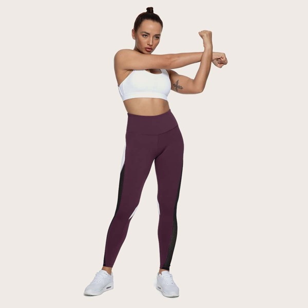 

Wide Waistband Fishnet Mesh Insert Stitch Detail Sports Leggings, Purple