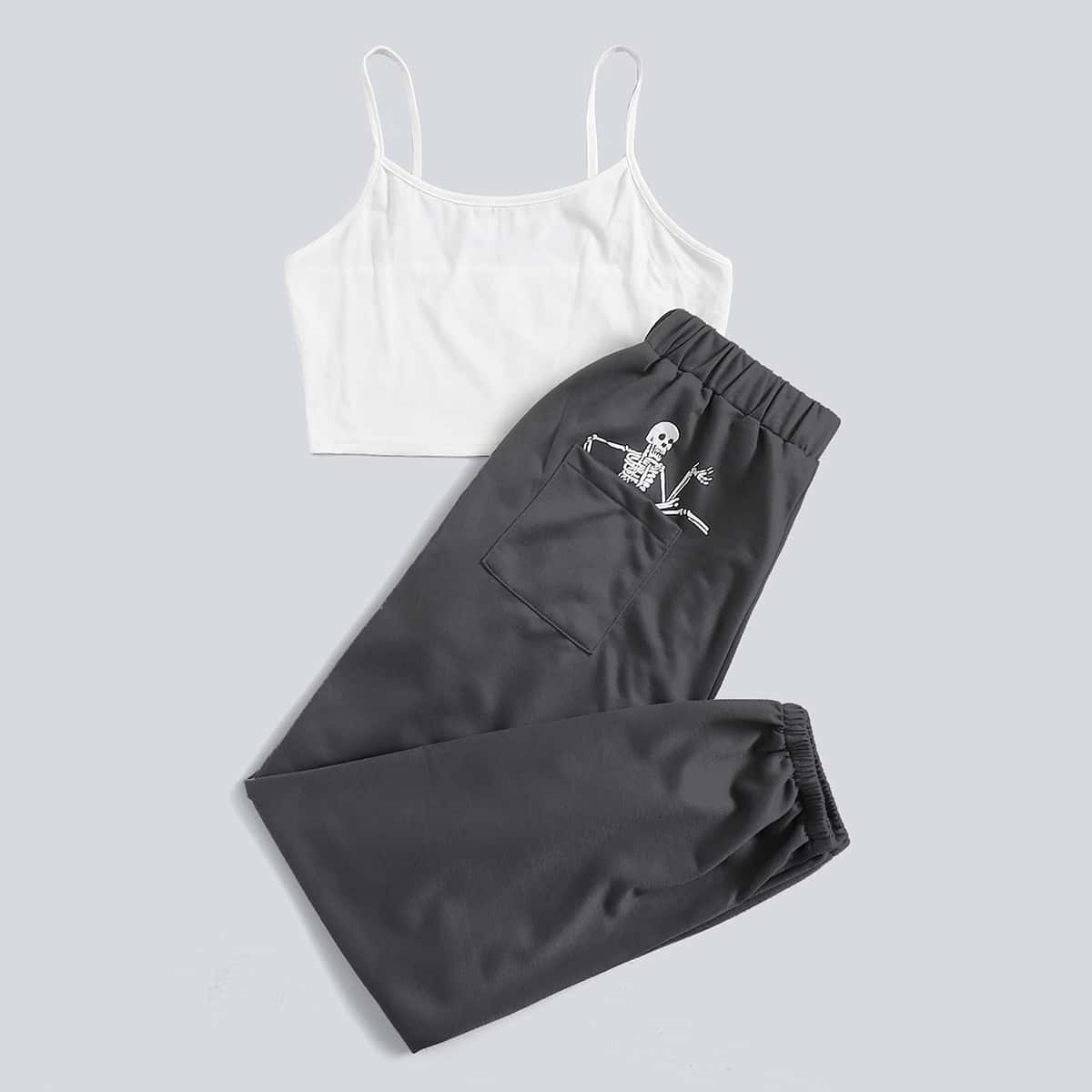 

Solid Crop Cami & Skull Graphic Pocket Sweatpants, Multicolor