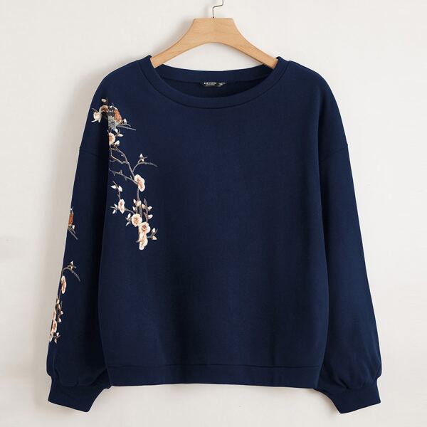 

Plus Floral Print Drop Shoulder Sweatshirt, Navy blue