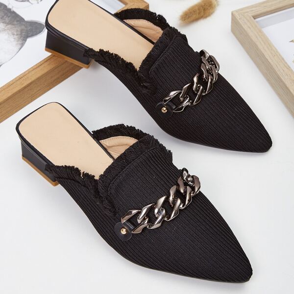 

Chain Decor Fray Chunky Heeled Mules, Black