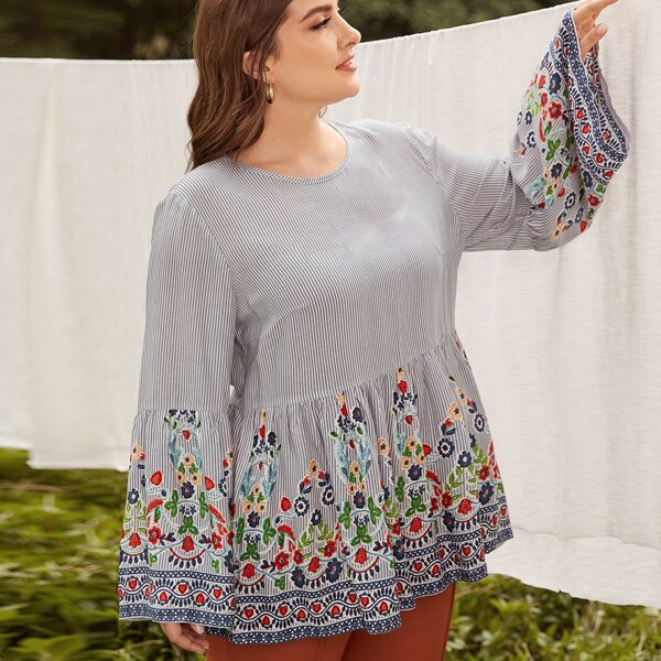 

Plus Floral Embroidery Striped Babydoll Blouse, Multicolor