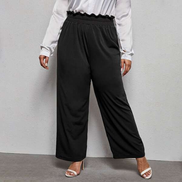 

Plus Paperbag Waist Solid Wide Leg Pants, Black