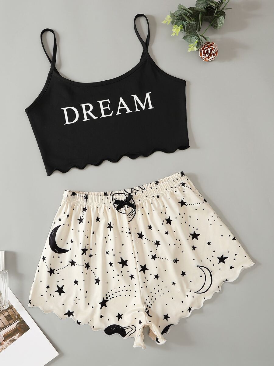 Plus Galaxy And Letter Graphic Cami Pyjama Set - Black and White - View 1