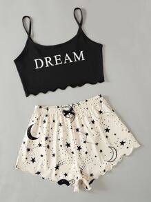 Plus Galaxy And Letter Graphic Cami Pyjama Set - Black and White - View 3