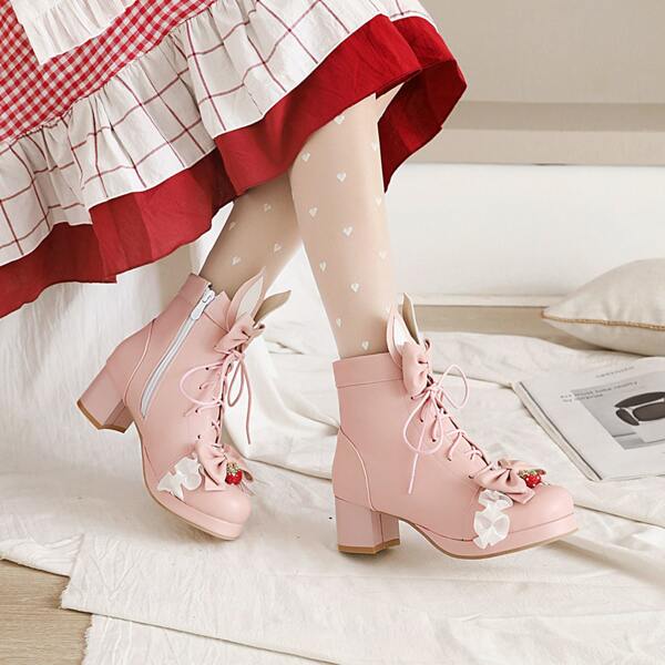 

Bow Decor Lace-up Front Chunky Heeled Boots, Pink