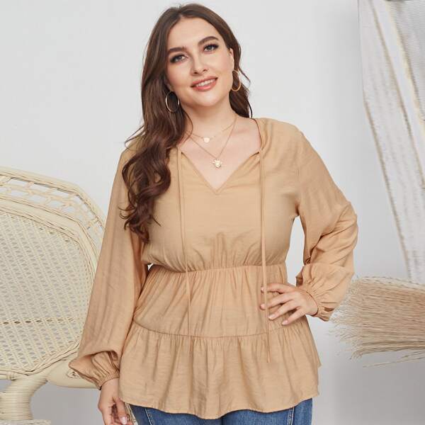 

Plus Tie Neck Ruffle Hem Tunic Blouse, Khaki