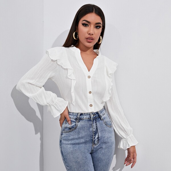 

Notched Neck Buttoned Front Ruffle Trim Blouse, White
