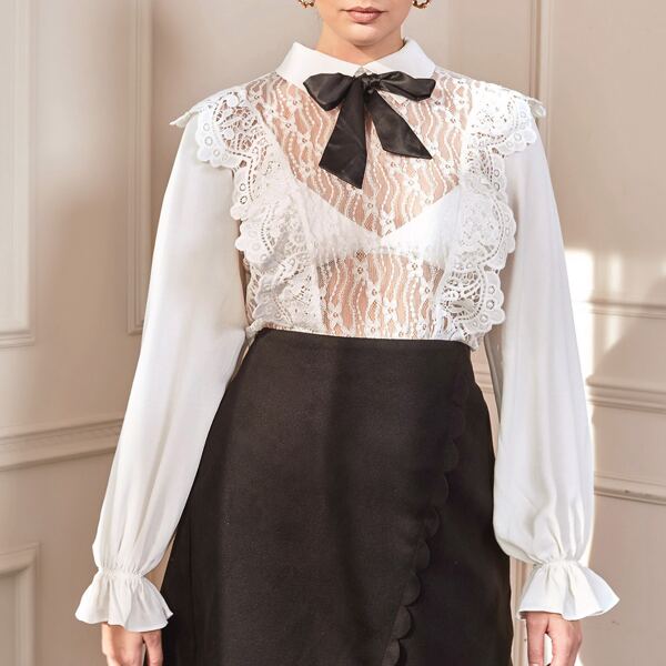 

Plus Collared Knot Front Lace Panel Top Without Bra, White