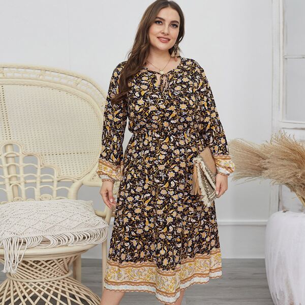 

Plus Allover Floral Print A-line Dress, Multicolor