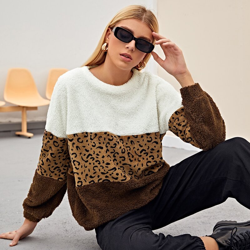 

Colorblock Leopard Panel Teddy Pullover, Multicolor