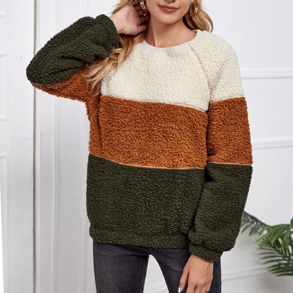 

Raglan Sleeve Teddy Colorblock Pullover, Multicolor