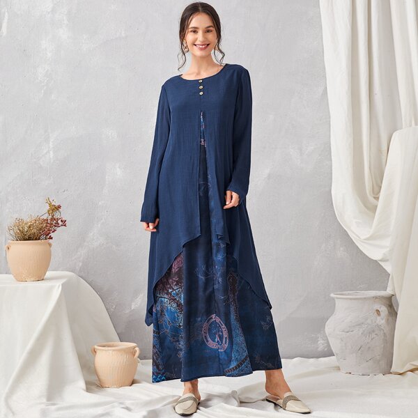 

2 In 1 Landscape Print Tunic Dress, Navy blue