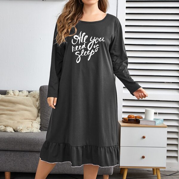 

Plus Slogan Graphic Ruffle Hem Night Dress, Black