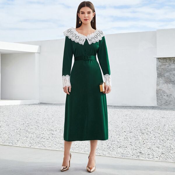 

Statement Collar Lace Panel O-ring Belted Dress, Dark green