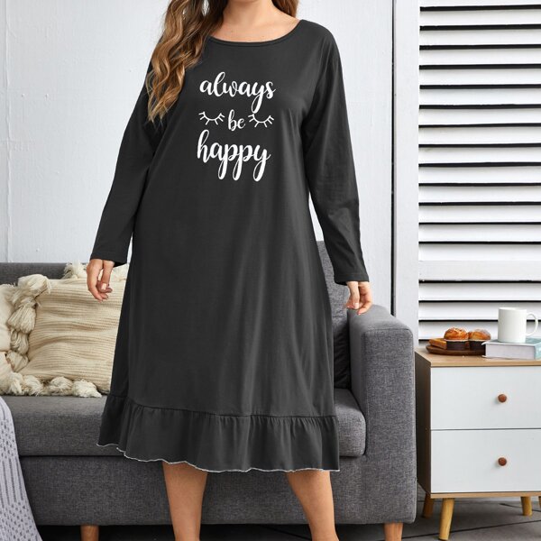

Plus Slogan Graphic Ruffle Hem Night Dress, Black
