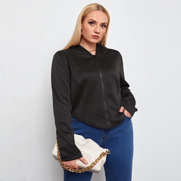 

Plus Zip Up Asymmetrical Hem Thermal Hoodie, Black