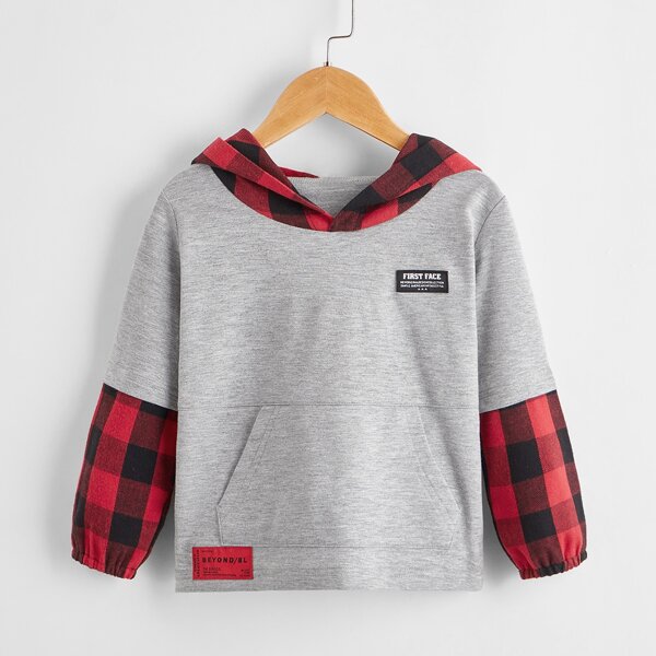 

Toddler Boys Contrast Gingham Patched Hooded Sweatshirt, Light grey