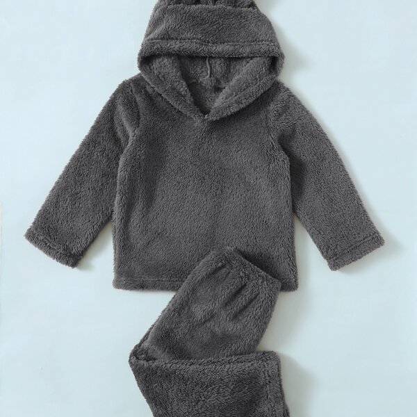 

Toddler Boys Solid 3D Ear Design Teddy PJ Set, Dark grey
