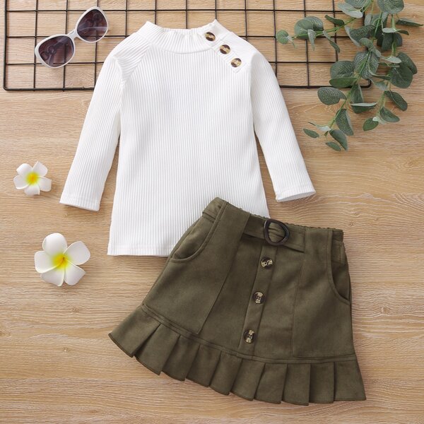 

Toddler Girls Rib-knit Top & Pleated Hem Belted Skirt, Multicolor