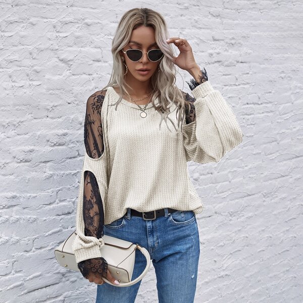 

Lace Insert Waffle Knit Sweatshirt, Beige