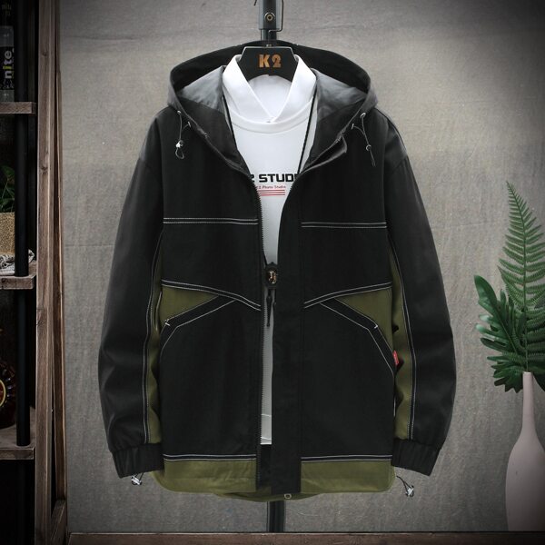 

Men Two Tone Drawstring Hooded Jacket, Multicolor
