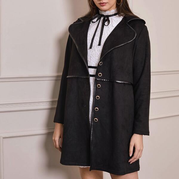 

Plus PU Leather Binding Trim Button Up Coat, Black