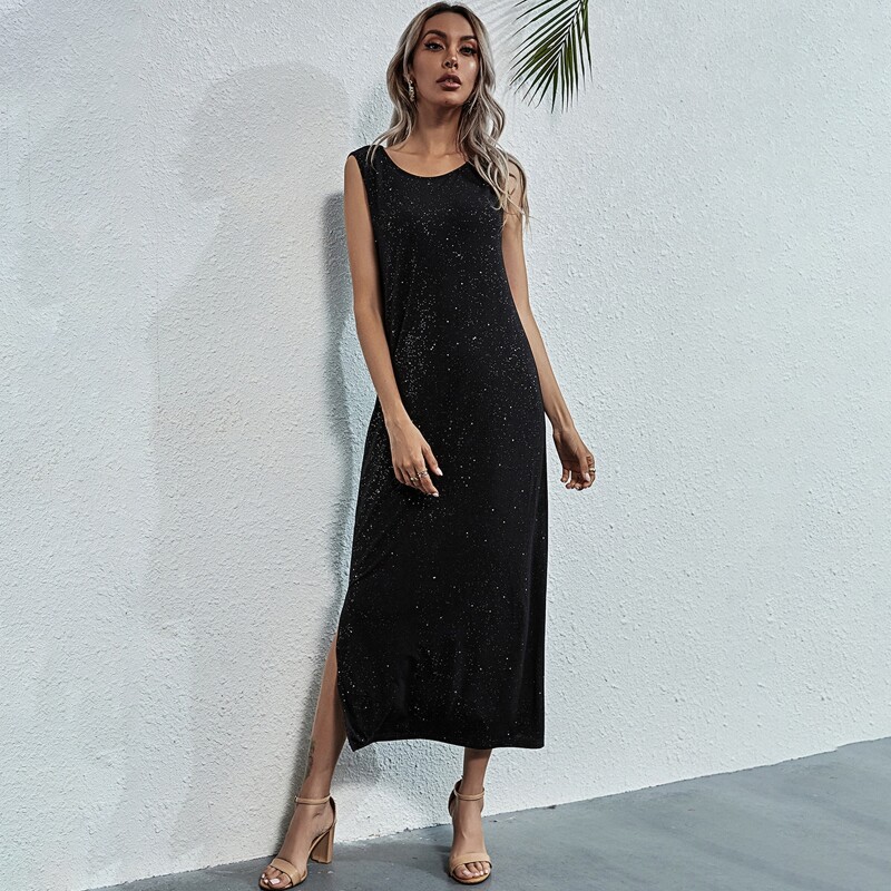 

Slit Hem Belted Glitter Dress, Black