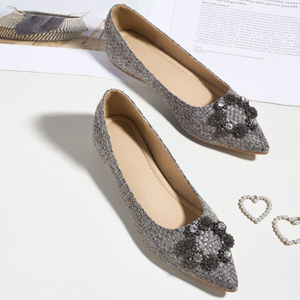 

Rhinestone Decor Braided Design Flats, Grey