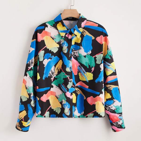 

Plus Brush Print Button Up Blouse, Multicolor