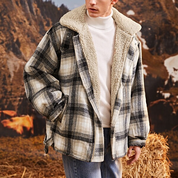 

Men Teddy Lining Plaid Overcoat, Multicolor