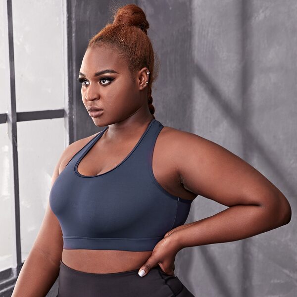 

Plus Solid Cut Out Back Sports Bra, Navy blue