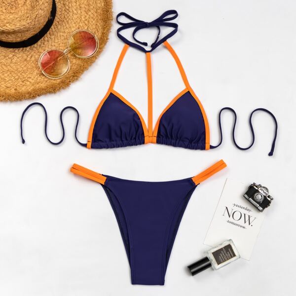 

Contrast Binding Thong Bikini Swimsuit, Navy blue