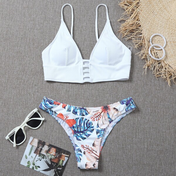 

Floral & Tropical Rib Cut-out Bikini Swimsuit, Multicolor