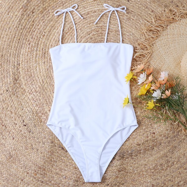 

Solid Tie Shoulder One Piece Swimsuit, White