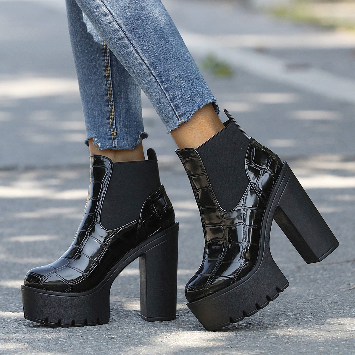 Image of Croc Embossed Chunky Heeled Platform Chelsea Boots