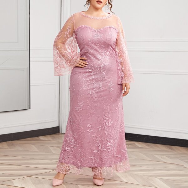 

Plus Floral Embroidered Mesh Fitted Dress, Dusty pink