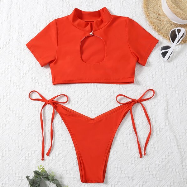 

Cut-out Front Tie Side Bikini Swimsuit, Red