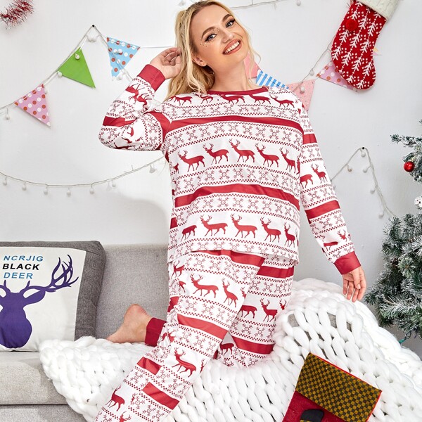 

Plus Christmas Deer Print Pajama Set, Red and white