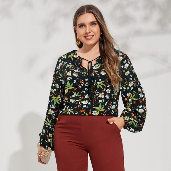 

Plus All Over Floral Print Tie Neck Bishop Sleeve Blouse, Multicolor