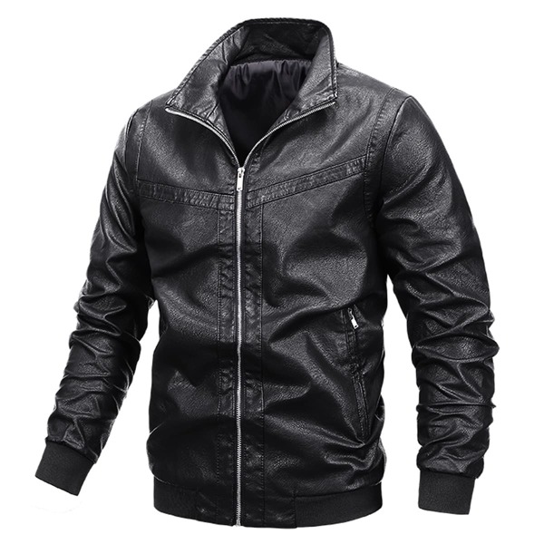 

Men PU Leather Funnel Neck Jacket, Black